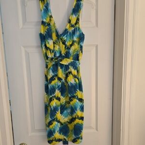 Trina Turk Blue and Yellow V-Neck Mini Dress